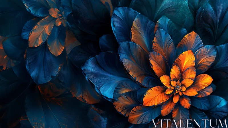 Fractal floral structure renders layered teal and orange feathered petals