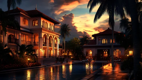 Golden sunset embraces a tranquil luxury villa poolside