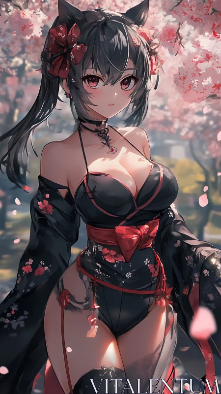 Cat-eared anime shrine maiden in black kimono under blooming sakura