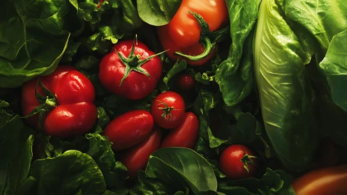 Sunlit tomatoes and greens composing a lush garden feast.
