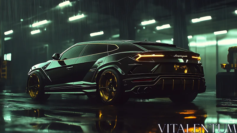 Sleek black super SUV under neon rain in empty garage.