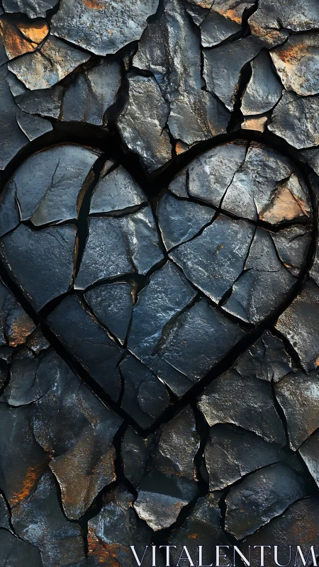 Heart-Shaped Stone Among Cracked Dark Rock.
