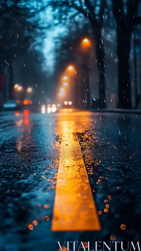 Golden lane aglow on a rainy blue hour city street.