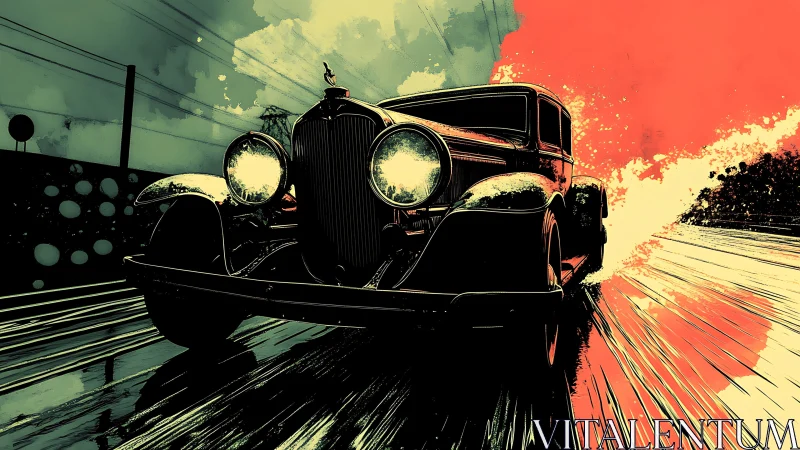 Vintage coupe powers through neon speedway in stylized motion.