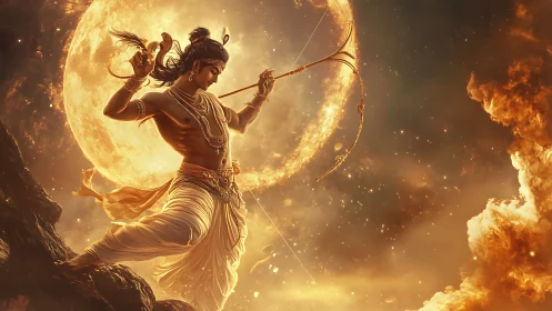 Divine archer poised before a blazing celestial moon