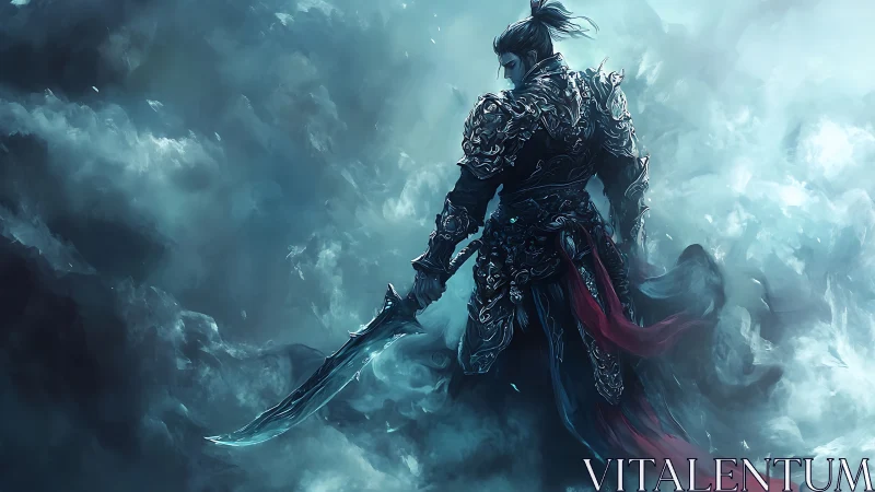 Stormlit warrior in ornate armor with curved spectral blade