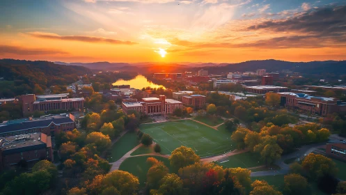 Sunlit university campus skyline over river at golden hour.