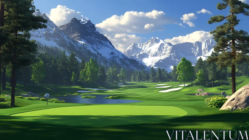 Mountain golf course glows under crisp alpine sunlight.