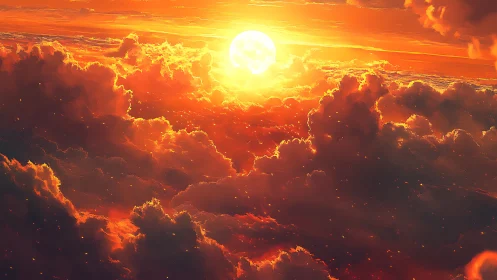 Blazing digital sunset above clouds in vivid orange sky.