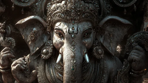 Intricate elephant-headed deity sculpture with ornate adornment.