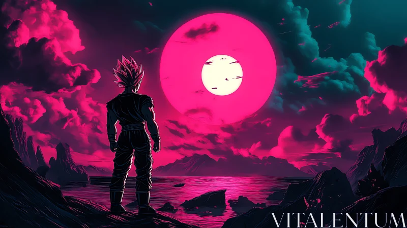 Saiyan warrior overlooking neon pink alien moonlit sea.