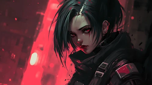 Cyberpunk female operative in red neon city environment.