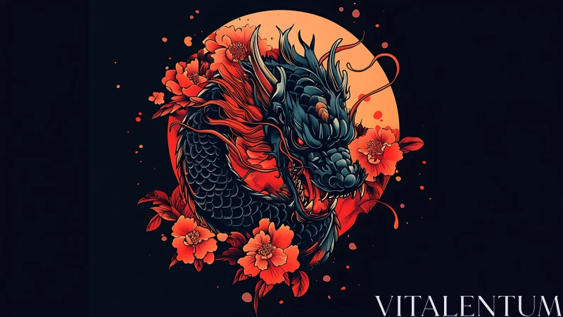 Coiled dragon amid crimson blossoms before blazing moon.