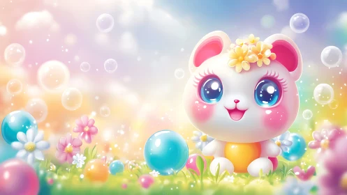 Pastel cartoon critter in bright bubble flower meadow.