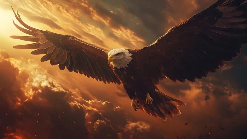 Majestic Bald Eagle Soaring at Sunset in Dramatic Realism Style.