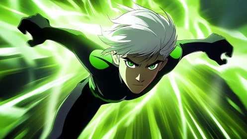 Green-glow hero rockets forward through streaking light.