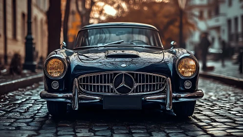 Classic black coupe on wet cobblestone street at dusk.