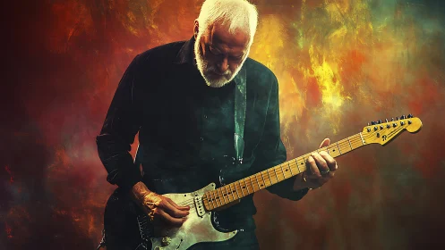 Elderly guitarist performs under fiery abstract lights.
