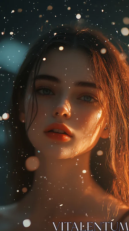 Moody close-up portrait of young woman in glowing particles.