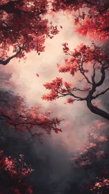 Vertical view of red-leaf forest canopy in diffused light.