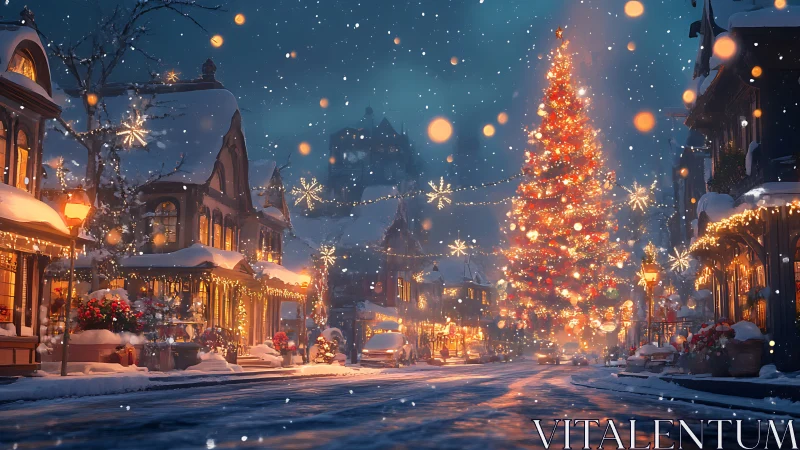 Snowy village street glows around a sparkling Christmas tree