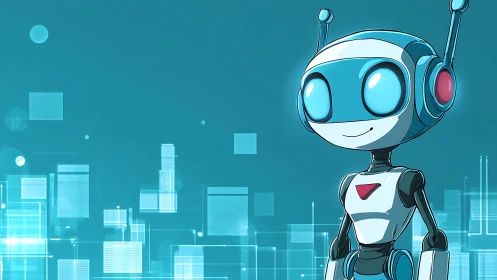 Smiling teal robot against holographic data grid background.
