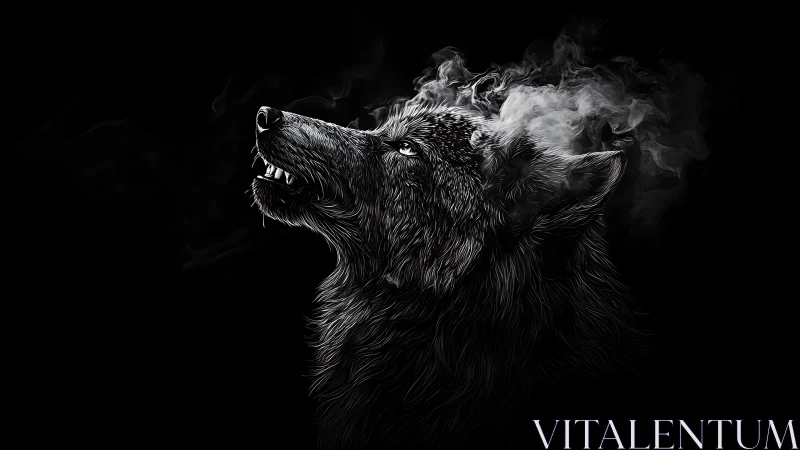 Smoldering wolf portrait emerges from darkness in smoky glow