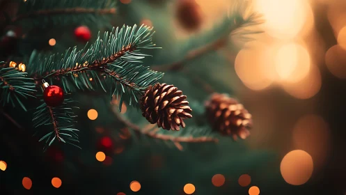 Holiday pine branch with cones and bokeh lights glow.