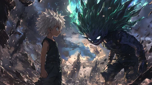 Child of storms confronts grinning void spirit amid ruins.