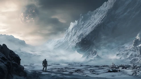 Lone astronaut crossing a frozen alien world of storms.