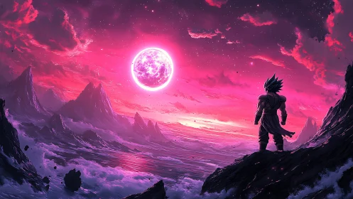 Saiyan warrior surveys neon alien coastline under crimson star.