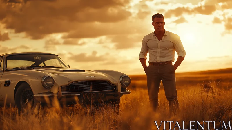 Sunlit businessman beside vintage coupe in golden field.