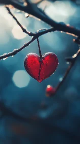 A Crimson Heart Glistens Among Winter's Gentle Embrace.