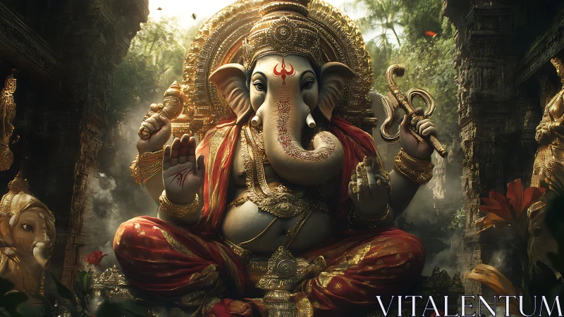 Detailed digital depiction of Ganesha in ornate shrine setting.