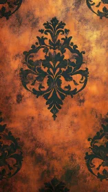 Baroque damask motif on distressed burnt orange ground.