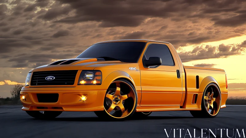 Orange custom pickup truck under dramatic sunset sky.