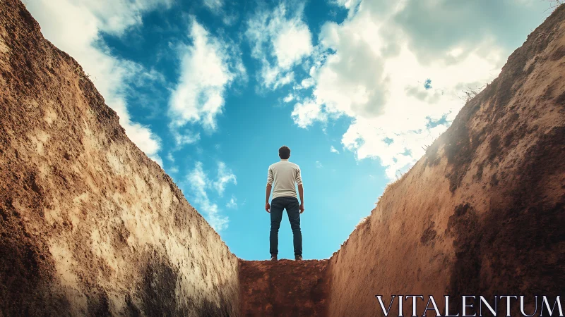 Backlit human silhouette atop excavated earthen trench rim.