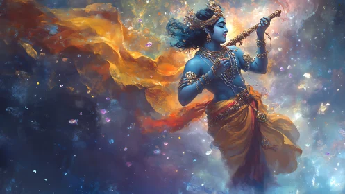 Blue divine musician playing flute in swirling cosmic light.