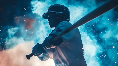 Baseball batter prepares to swing amid dramatic colored smoke