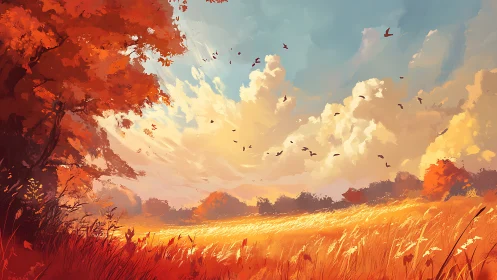 Golden autumn meadow under a soft, storybook sky.