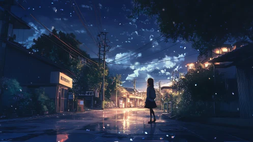 Anime twilight street scene with reflective wet pavement focus.
