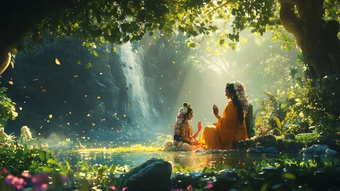 Two robed figures by forest pool under dappled light.