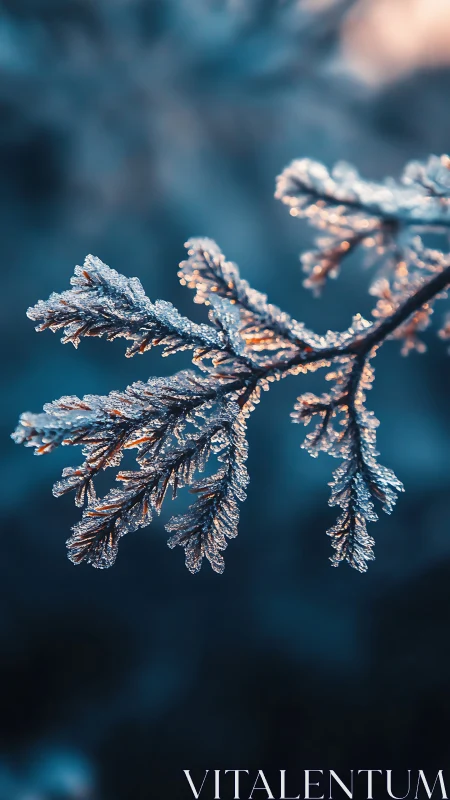 Frosted conifer twig captured in shallow-depth macro focus