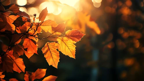 Golden autumn leaves basking in gentle evening sunlight.