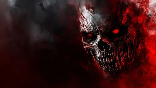 Demonic skull portrait in red-black vaporous digital flames