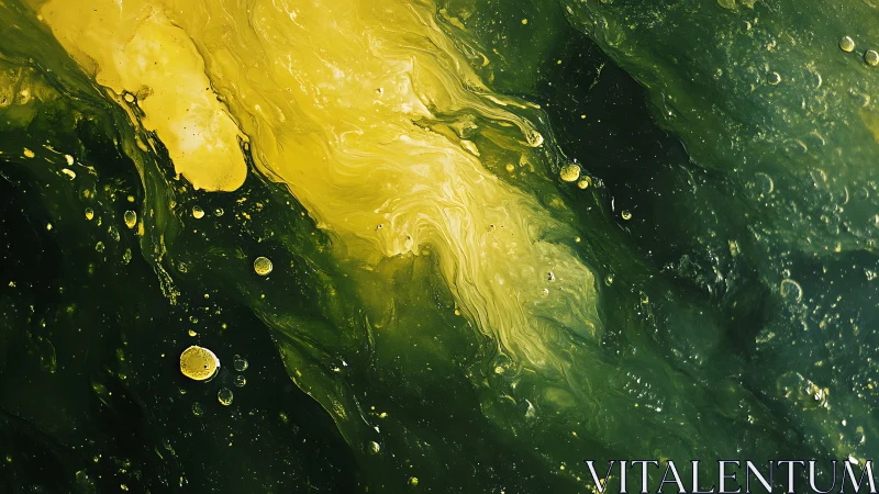 Yellow fluid streaks through dark green swirling liquid field.