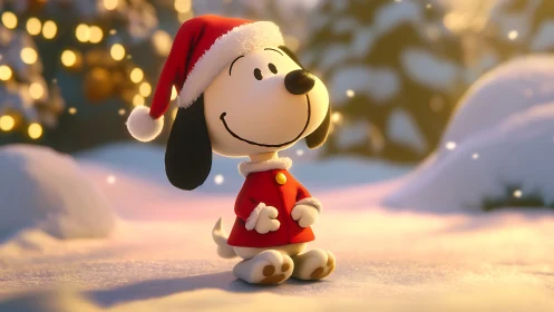 Smiling cartoon dog enjoys a glowing snowy Christmas evening