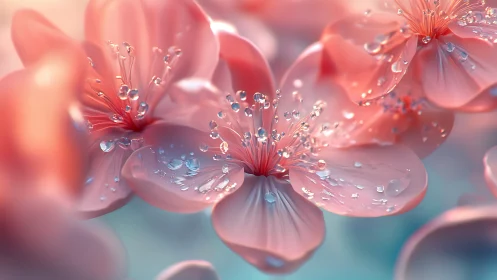 Delicate Pink Blossoms Adorned with Glistening Dewdrops
