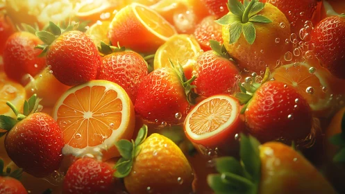 Sunlit citrus and strawberries in a sparkling splash carnival.
