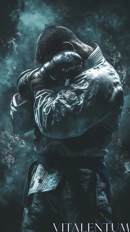 Martial artist in defensive guard under dramatic blue lighting